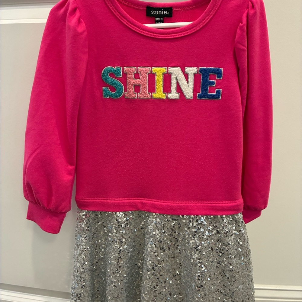 Zunie Pink Sweatshirt Dress with Multicolor Shine and Silver